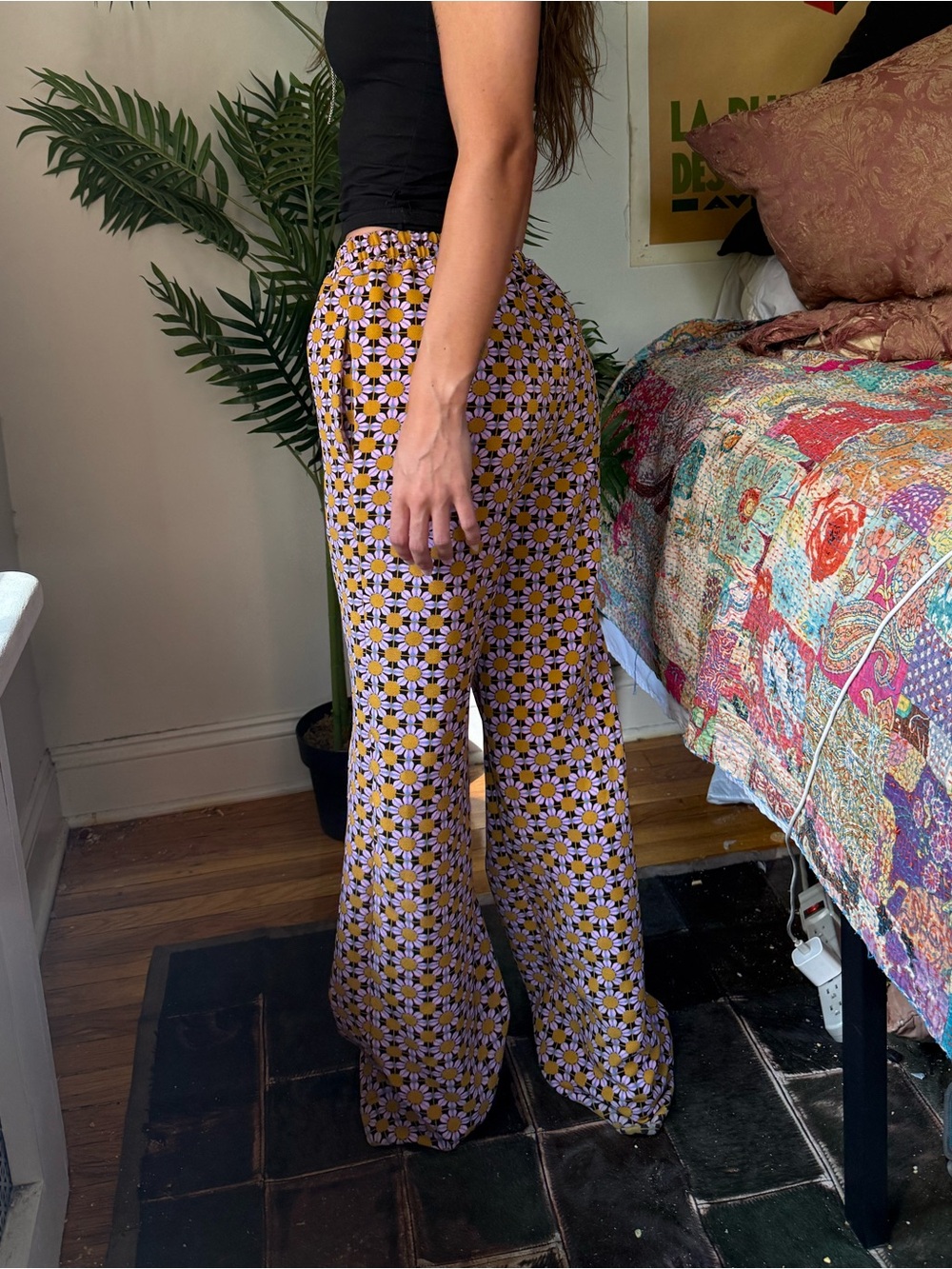 Wide-Leg Printed Thick Drawstring Pants